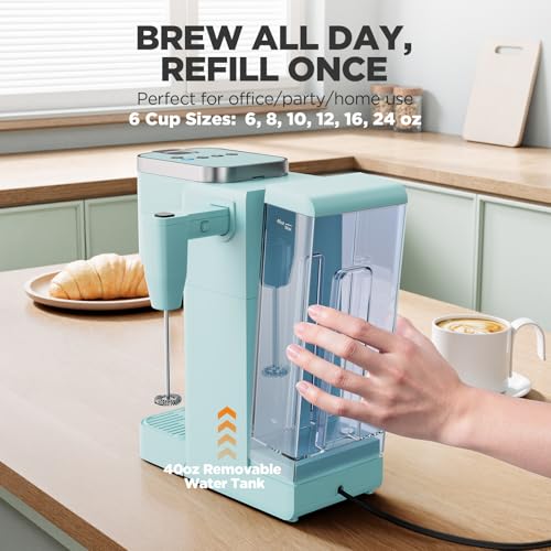 Image of Tastyle 330MF Single Serve Coffee Maker with Built-in Detachable Milk Frother, Iced and Hot Coffee Machine for K Cup & Grounds, 40oz Removable Water Reservoir, 6 Cup Sizes, Fits 7.3 inch Travel Mug, Teal