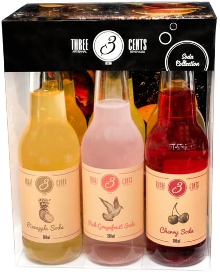 Three Cents Soda Collection | Mixed 6 Multi Pack | Non Alcoholic | Ideal For Gin Cocktail Alcohol Mixers | Pink Grapefruit, Ginger Beer, Lemonade, Pineapple, Cherry Soda, Mandarin & Bergamont
