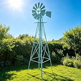 NAICKUC 8ft Garden Windmill - Yard Metal Ornamental Wind Mill Weather Vane, Wind Spinner 4 Legs Design for Yard, Farm, Seaside, Garden Decor Light Blue