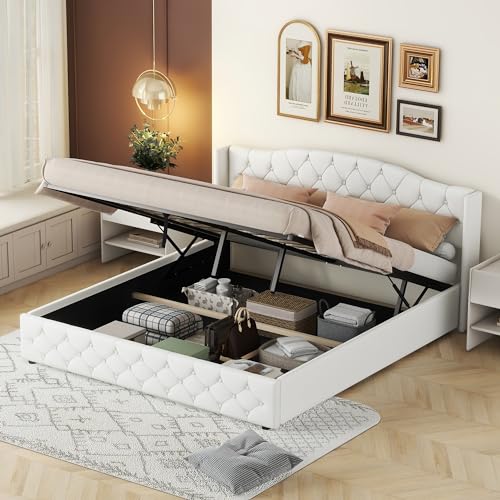 Moimhear Cama tapizada de 180 x 200 cm, Cama Doble, Cama Plana Multifuncional con Almacenamiento hidráulico (Beige), WX000901