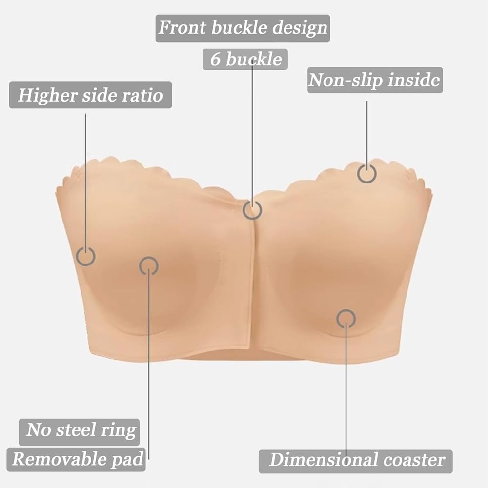 Surpassdo Seamless Front Closure Strapless Bandeau Bra, Non-Slip Ultimate Wavy Edge Comfort Support Bralette
