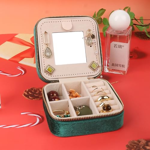 Image of Travel Jewelry Case Box Organizer with Mirror, Jewelry Storage,Green,1 Pcs