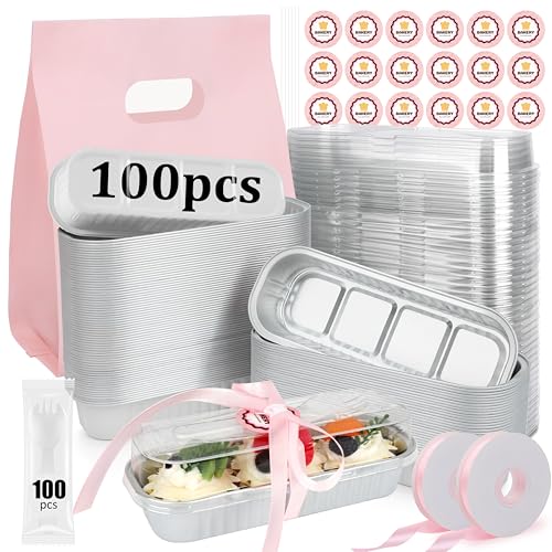 Image of OcePor 100 Pack Mini Loaf Pans With Lids,Mini Cake Pans With Lids and Spoons,6.8oz Bread Loaf Pans Disposable,Small Aluminum Cake Tins,Baking Pans Individual (White)