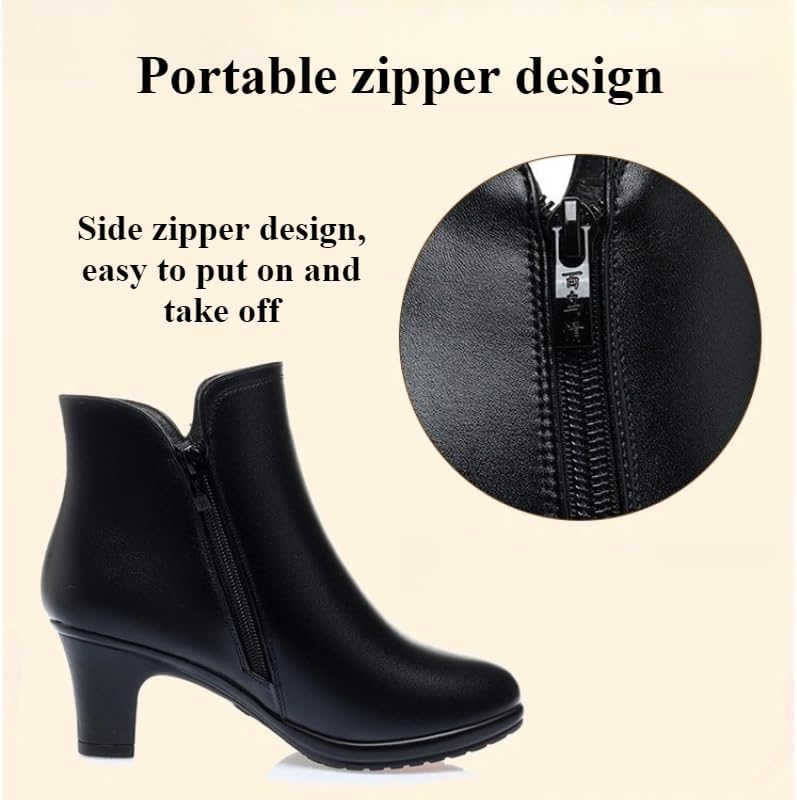 Women's Mid Block Heel Ankle Boots Fashion Rhinestones Buckle Decor Comfort Warm Fur Lined Chunky Heels Snow Boots with Side Zipper - Image 5