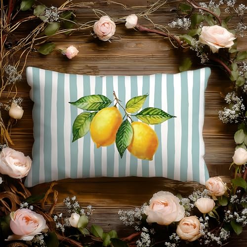 Image of Dusty Mint and Yellow Summer Italian Mediterranean Amalfi Coast Lemon Pillow Cover Decor 12x20,Italian Striped Decorative Throw Pillow Cover Decor for Couch Double-Sided