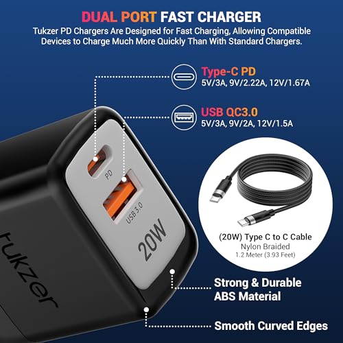 Image of Tukzer 20W Dual Port GaN3 Ultra 2X Faster Charger Adapter (Type C PD3.0 & USB QC3.0) with Type C to C Cable for iPhone 17 /17 Plus /17 Pro /17 Pro Max, 16 /15 /14 /13 /12 Series,Samsung, MacBook,Laptops-BLK