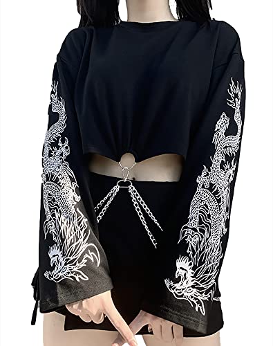 YINGWIN Sweat à capuche gothique réfléchissant pour femme avec chaîne, 2-Noir, L
