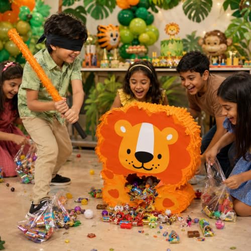 Image of Wanna Party Lion Shaped Pinata with Stick for Kids Birthday Party, Jungle Safari Animal Pinata Khoi Bag, Candy Fillable for Jungle Theme Birthday Decoration