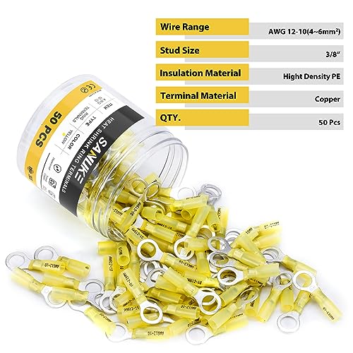 Sanuke SRHB5510-G50 50Pcs 12-10 Awg Yellow 3/8 Inch Heat Shrink Ring Terminals thumb #1
