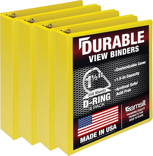 Image of Samsill Durable 1.5 inch 3 Ring Binder, D Ring Binder, 100% Recycled Chipboard, Yellow, 4 Pack