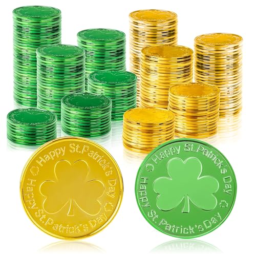 OHOME Gold Coins St Patricks Day - 120 Pieces Shamrock Plastic Coins Green and Gold St. patrick's Day Accessories for St Patricks Day Decorations Birthday Crafts Party Favors Decor