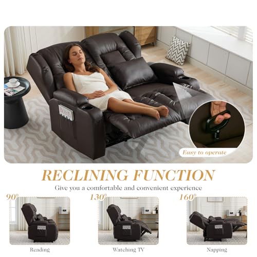 Image of Loveseat Recliner Sofa,RV Wall Hugger Recliners for Small Spaces,Reclining Loveseat Sofa Recliner with Cup Holders /Lumbar Pillows,RV Furniture (Brown, 56 inch 2-Seater)