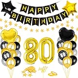 🎆 【Decoración de 80 cumpleaños】1 * Globos de papel de aluminio de estrella negra, 1 * Globos de papel de estrella de oro, 1 * negroGlobos de papel de corazón de amor negro, 1 * Globos de papel de corazón de amor de oro (80 pulgadas), números 80 globos de papel de aluminio (32 pulgadas) Globo: 8 dorados, 8 negros, 8 plateados, 6 negros digitales "80", 6 dorados digitales "80". Un conjunto de adornos de estrellas doradas (4 metros) + Estandarte de feliz cumpleaños, 2 * cinta de globos dorados.