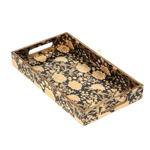 Image of Set of 3 Waterproof Lacquer Coated Wooden Trays - Embossed Floral Design in Gold & Black, Multipurpose MDF Serving Tray with Handles (16x10, 14x8, 12x6 Inches) (PremiumSetof3- BlackFloral)