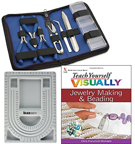 Bundle Includes 3 Items - Bead Design in Beading Board and Gray Flock with Lid, 9 by 13-Inch and Beadalon 7-Piece Tool Kit Zip Pouch, Econo and Teach Yourself VISUALLY Jewelry Making and Beading