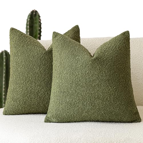 Image of Foindtower Pack of 2 Modern Textured Boucle Throw Pillow Covers Accent Solid Decorative Pillow Cases Cozy Woven Couch Cushion Case for Chair Sofa Bedroom Living Room Home Decor, 18 x 18 Inch,Green