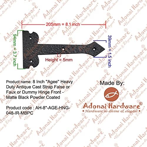 Adonai Hardware 8 Inch ''Agee'' Heavy Duty Antique Cast Strap False or Faux or Dummy Hinge Front (8 Pack, Matte Black) for Vintage Barn Doors, Gates, Furniture, Garage, Shutters and Fences