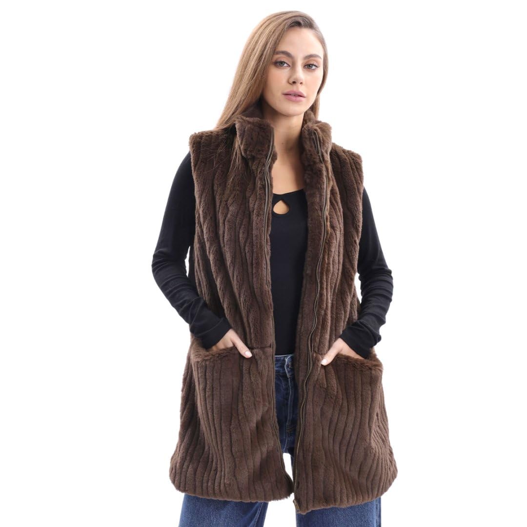 Amazhiyu Gilet invernale da donna in pelliccia sintetica senza maniche colletto alla coreana tasche cappotto con zip, Marrone, Small