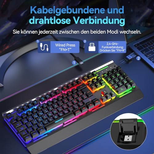 TECKNET Gaming-Tastatur Kabellos, QWERTZ-Tastatur (Deutsches Layout), Membran Tastatur mit 105 Tasten, Vollmetall-Pane, RGB Beleuchtung, Handgelenkauflage, 25 Anti-Ghosting-Tasten für Gamer & Büro 3