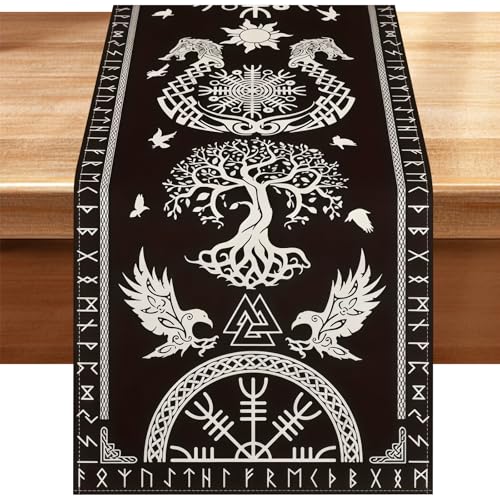 Wikinger Tischläufer, Schwarz Lebensbaum mit Raben Helm der...