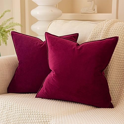 JUSPURBET 28x28 Throw Pillow Covers Set of 2 Decorative Pillow Covers for Couch Sofa Bed Cozy Velvet Cushion Covers Cases with Invisible Zipper for Living Room Home Decor,Burgundy