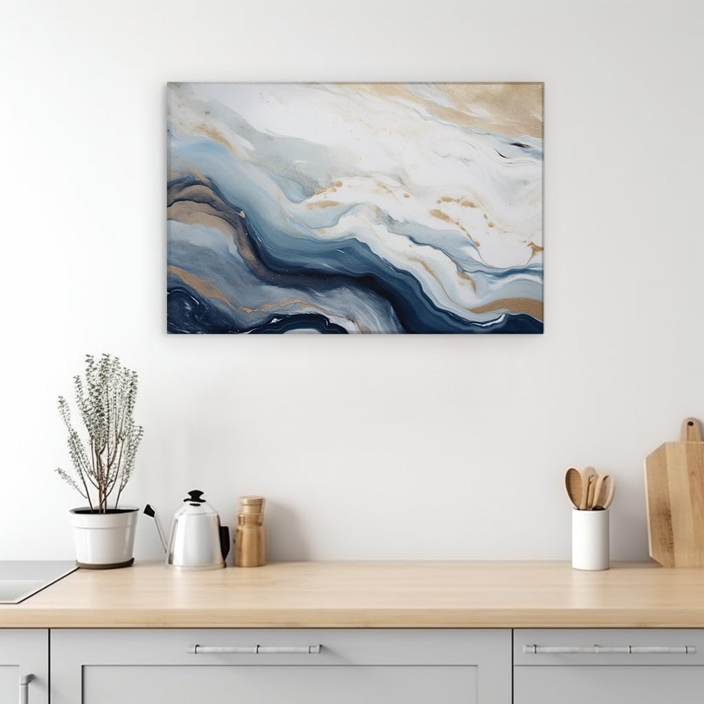Canvas for Living Room. Waves of Elegance: Discover The Dynamic Interplay of Blue, White, and Gold in Abstract Art, 27 x 18 inch Canvas Wall Art - Contemporary Masterpieces - Modern Home Decor