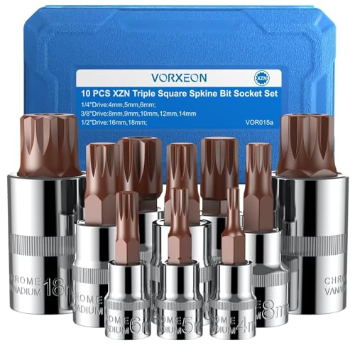 VORXEON Coffret Pro 10 Douilles XZN M4-M18 - Douille 12 Pans- Entraînement Universel 1/4” 3/8” 1/2” - Haute Résistance pour Clés Dynamométriques &...