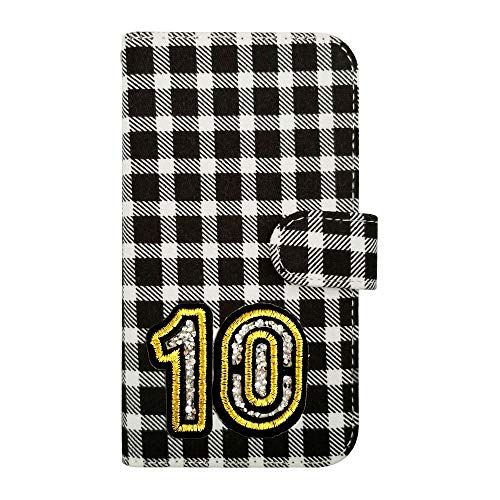 sslink iPhone 17 アイフォン17 対応 手帳型 ケース ナンバー 10 (チェック02) チェック柄 千鳥柄 ファブリック 布 生地 背番号 数字 キラキラ ワッペン ラインストーン デコ 可愛い おしゃれ PUレザー 合皮 ダイアリータイ