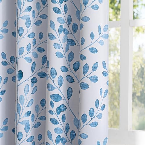 Image of MYSKY HOME Blue Leaf Curtains 63 Inch Length for Bedroom Grommet 2 Panels | Privacy Protection Room Darkening Thermal Insulated Printed Window Drapes for Kitchen Small Window, Each Panel 52 inch W