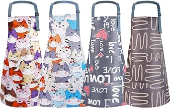 4Pcs Aprons for Women,Waterproof Aprons with Pockets,Adjustable Cute Cat Pattern Apron for Kitchen Cooking Gardening