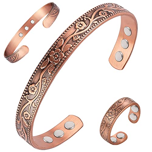 Vicmag Copper Magnetic Bracelet & Lymphatic Drainage Ring for Women Men Strong Magnets Therapy Bangle 99.9% Solid Pure Copper Jewelry Gift (Flower)