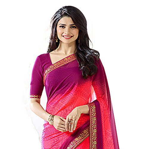 Image of RAJESHWAR FASHION WITH RF Women's Floral Printed Georgette Sarees For Women With Jacquard Work Lace Border & Blouse(Pink Red Free Size 6.30 Mtr)