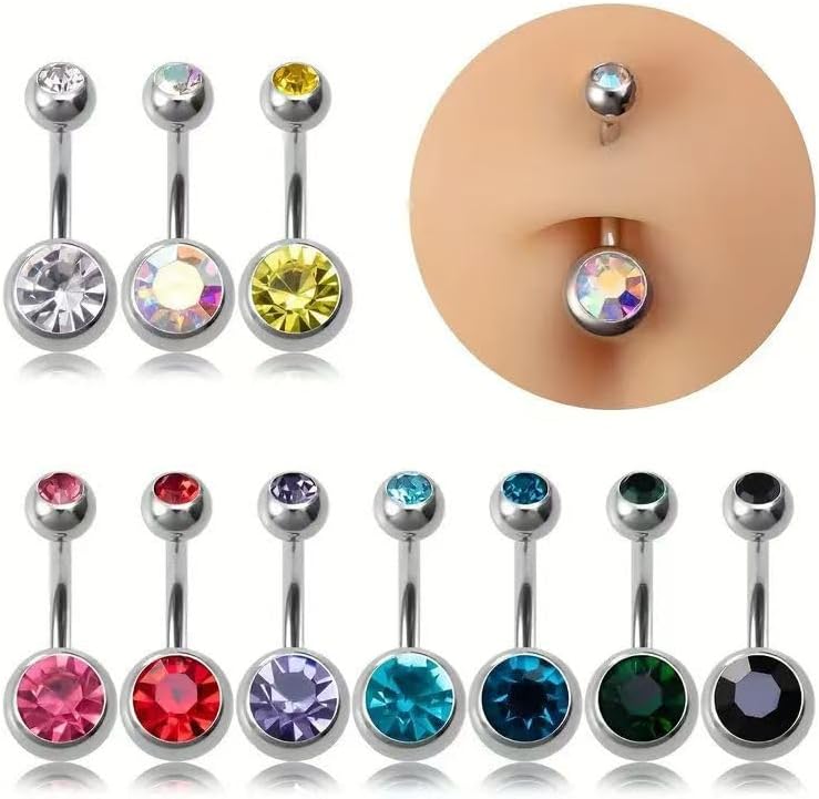 QINHE 316L Stainless Steel Belly Button Rings, Double Gem Navel Piercing Jewelry, 14G, 7 Colors, Hypoallergenic, Unisex