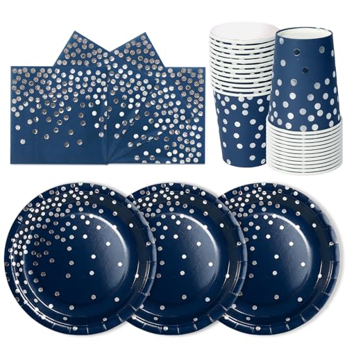 PYAILI Anniversaire Vaisselle de fete 72 Pièces Argent Bleu Foncé Party Assiettes en Papier Set Assiettes de Fête Jetables Papier Tasses Serviettesr, pour Barbecue les Fêtes les Pique-24 Invités