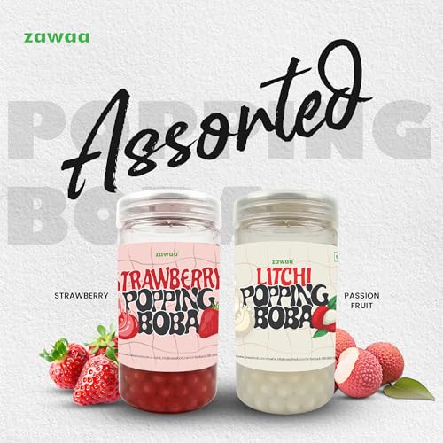 Image of Zawaa Boba Tea Assorted Popping Boba Pearls - Strawberry & Litchi | 300g Each (Pack of 2) | Bursting Bubble Tea Pearls