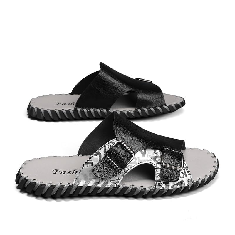 Slide Sandals For Men Open Toe Fixed Strap Lightweight Double Buckle PU Leather Water Resistant Outdoor Slipper Shoes4