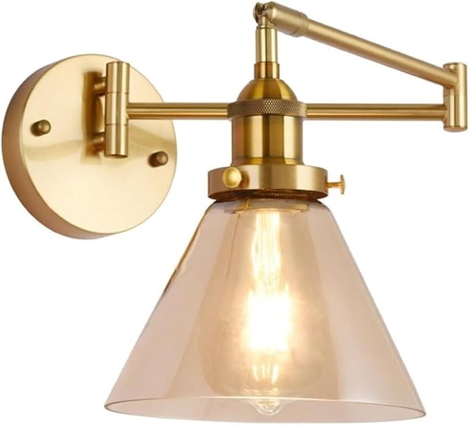 SWEMOPP Gold Swing Arm Wall Sconce Adjustable Hardwired Wall Lamp with Amber Glass Long Arm Antique Vintage Industrial Farmhouse Wall Mounted Light for Bedroom Bedside Living Room Headboard