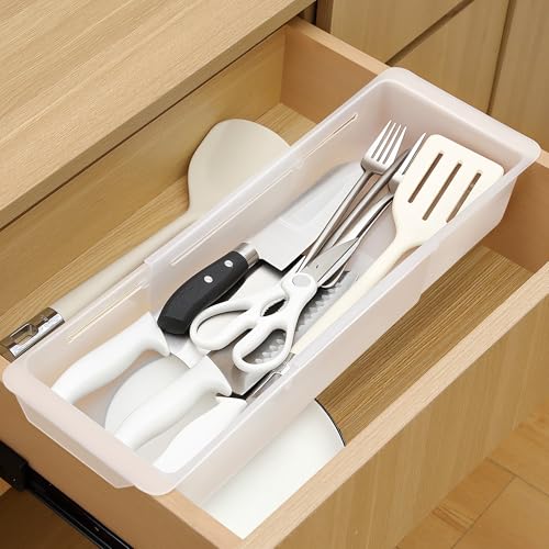 Gulfmew 2 Pack Deep Drawer Organizer Bins, Adjustable Sliding Drawer Organizer Bin Expandable Tray for Kitchen Utensils, BBQ Tools, Towels, Durable Plastic Sliding for Easy Storage (17 to 27”)