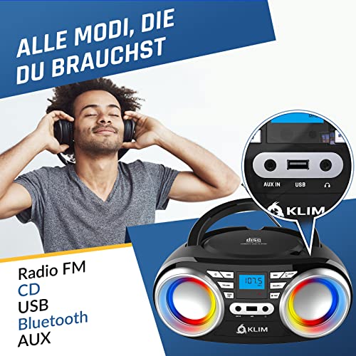 Klim Boombox B3 Tragbarer CD-Player mit FM Radio und Bluetooth