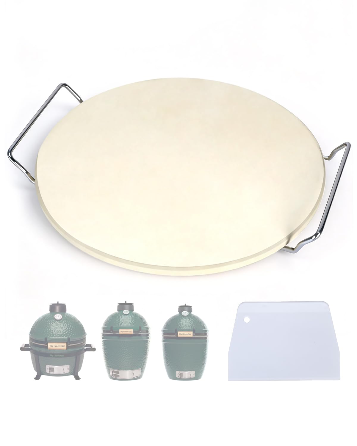BBQ Future 30,5 cm Pizza Backstein für Big Green Egg Medium/Small/MiniMax & Kamado Grill - Keramik Pizzastein mit Edelstahldrahtrahmen & Kunststoffschaber, Hitzeschild für Outdoor Kochen