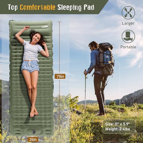 Elegear Self Inflating Sleeping Pad for Camping, 4\" Ultra-Thick Camping Mattress Pad with Pillow Built-in Foot Pump, Portable Sleeping Mat for Backpacking, Hiking, Tent