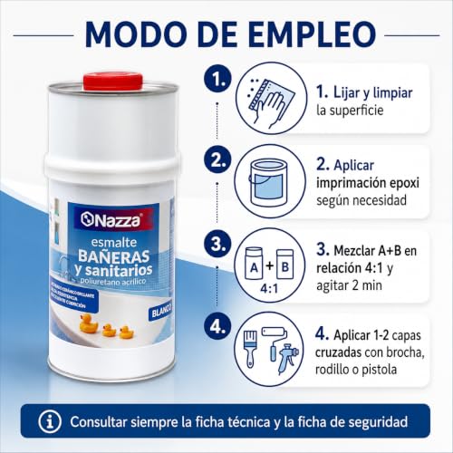 Miniatura 5 de Nazza Esmalte Para Bañera De Dos Componentes - Pintura Para Bañeras Y Sanitarios De Color Blanco En 1l - Kit De Reparación De Bañera 800ml 200ml A B - Acabado Brillante