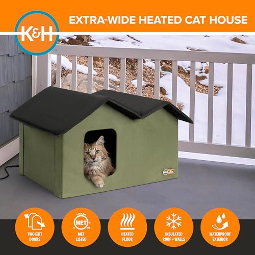 K&H Pet Products Extra-Wide Heated Cat House for Outside, Outdoor Cat House with 2 Safe Escape Doors, Weatherproof Insulated Stray & Feral Shelter with Waterproof Heated Bed, Safety Listed - Olive by K&H Pet Products - Image 4