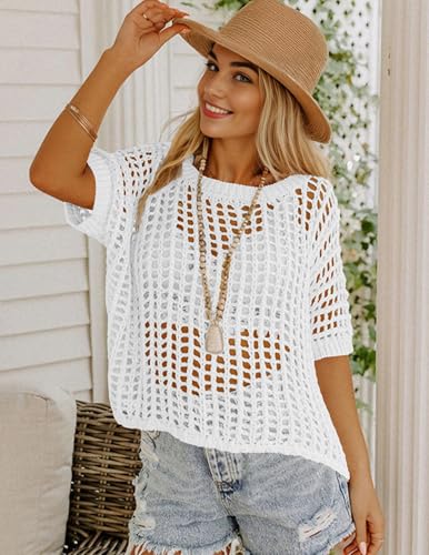 Zeagoo Short Sleeve Crochet Sweater Lightweight Summer Tops Loose Hollow Out Crewneck Pullover2