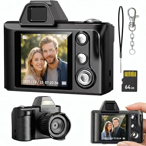 Mini câmera digital para adolescentes e iniciantes - Câmera portátil 1080p com cartão SD de 64 GB e cordão de chaveiro