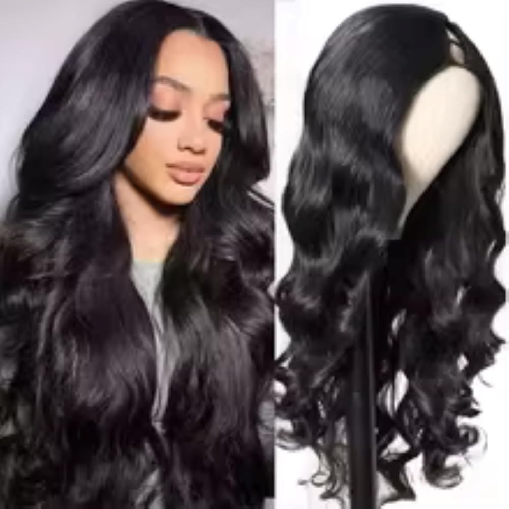 She Real Half Wig Human Hair Curly Straight Body Wave Brazilian for Black Women U Part No Sew in Glueless (Natural Black, 20 inch Body Wave 250% Density V Part Wig)