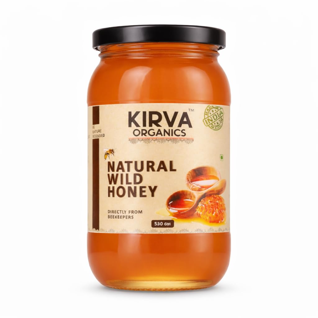 KIRVA ORGANICS Raw Wild Honey|Pure,Natural & Unprocessed|Certified Original Honey|No Sugar Adulteration|Immunity Booster|Rich in Antioxidants|Healthy & Nutritious|530g Glass Jar (Pack of 1)