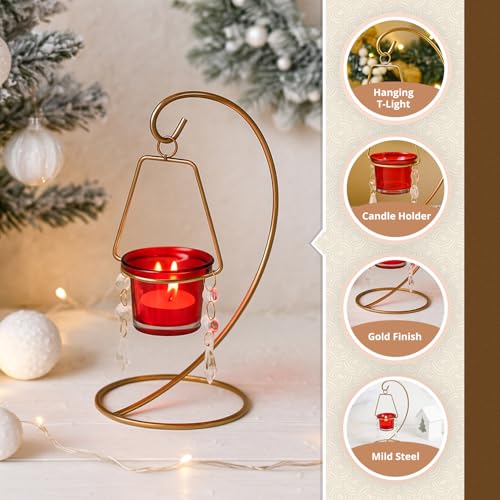 Image of MARKET 99 Hanging T-Light Holder | Gold Metal Spiral S-Shape with Crystal Moon Design | Elegant Tealight Candle Holder for Home, Xmas & Christmas Decor, Balcony, Living Room & Festive Decoration