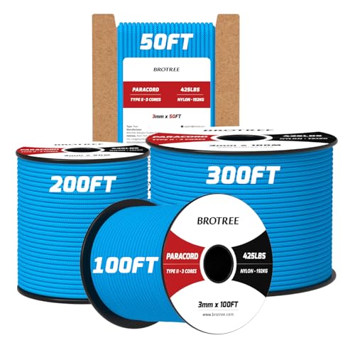Brotree 3mm Paracord 425 3 Strands 100ft 100% Nylon Cord (Blue)