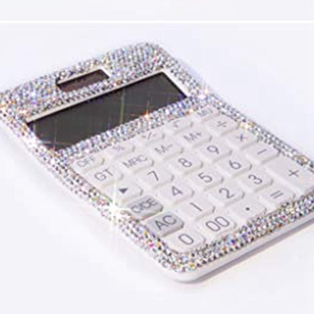 Calcolatrice Strass Cristallo Dazzling 12 Cifre Solare e Batteria Dual Power Display LCD per Ufficio Scuola Bianco